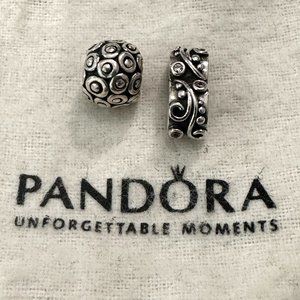 (2) Authentic Pandora Charm & Clip Clear CZ Stones Black Swirls Circles Sliver